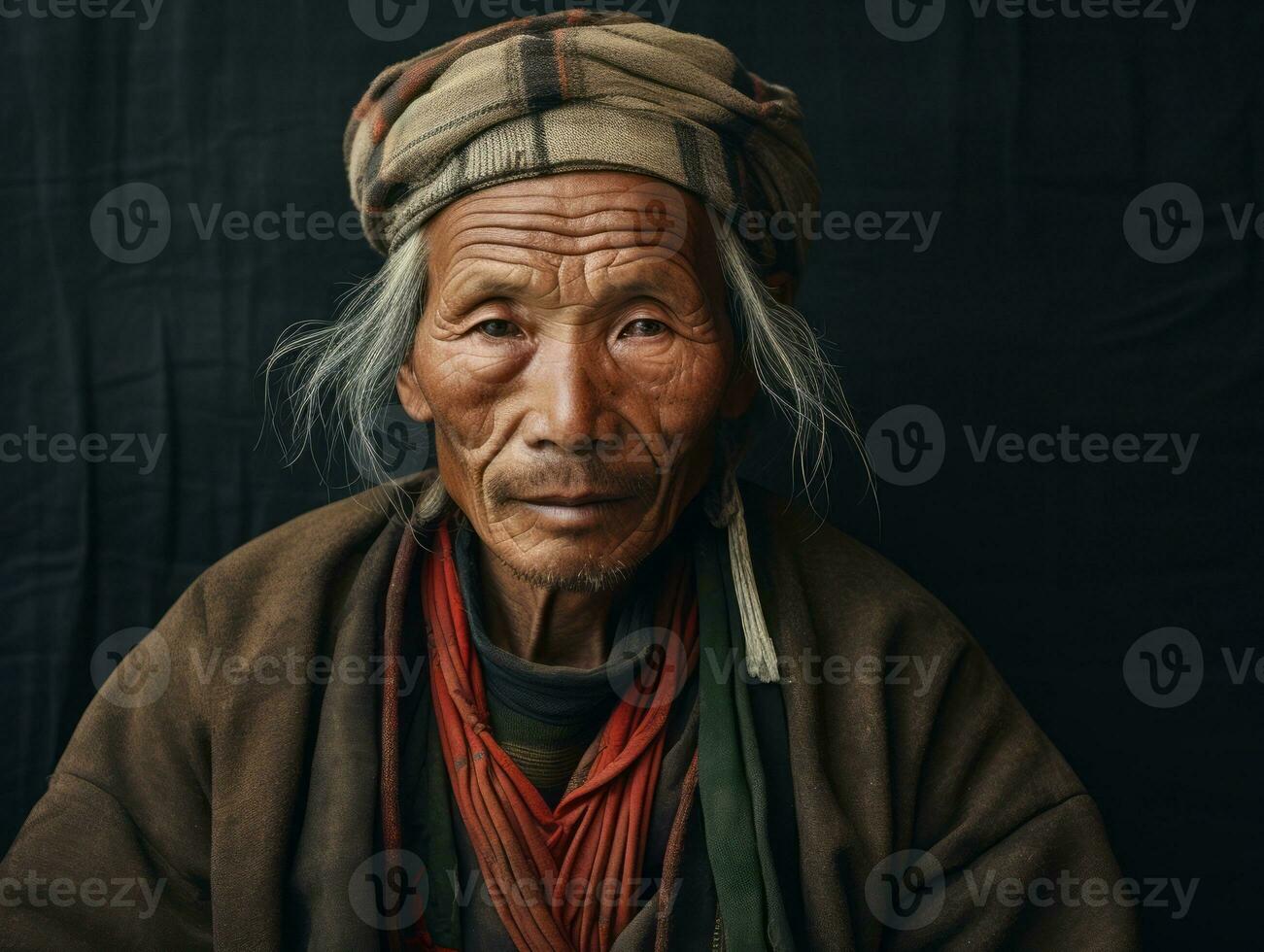 asiático hombre desde el temprano 1900 de colores antiguo foto ai generativo