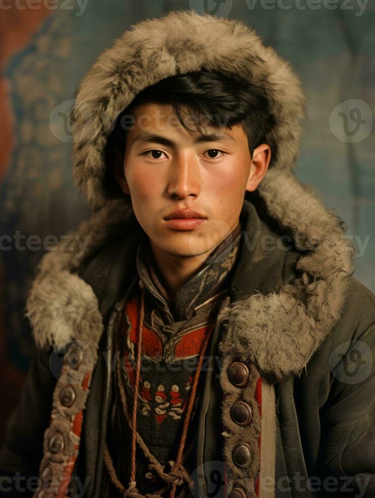 Asian man from the early 1900s colored old photo AI Generative