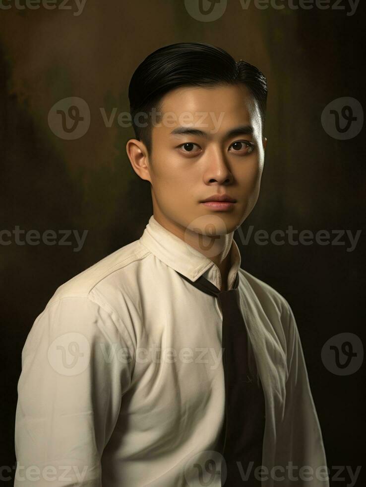 Asian man from the early 1900s colored old photo AI Generative