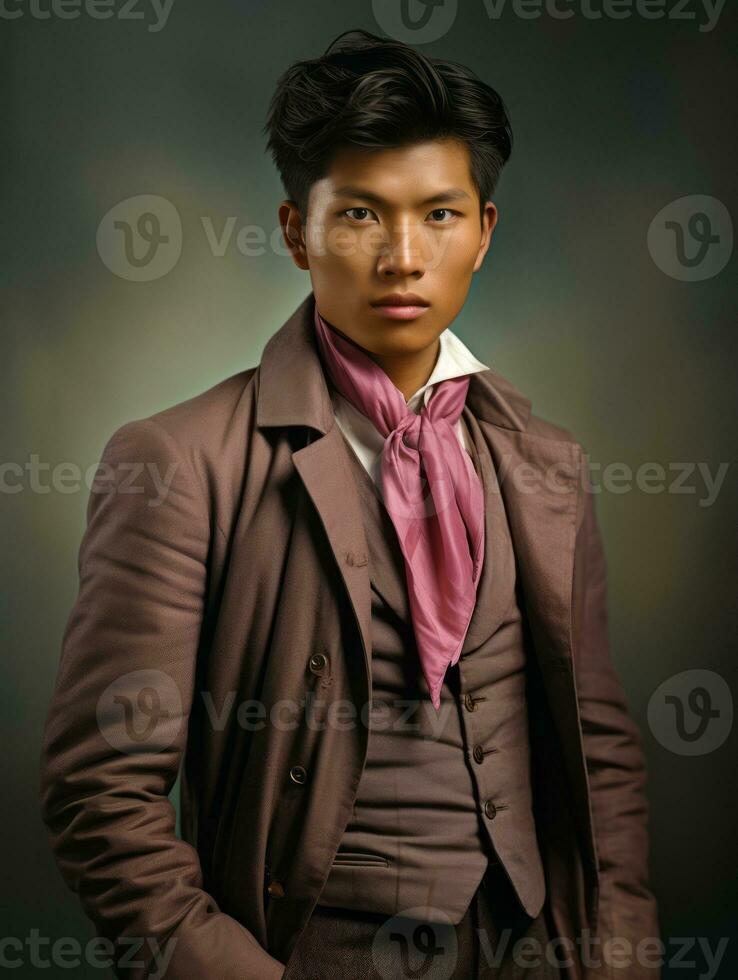 Asian man from the early 1900s colored old photo AI Generative