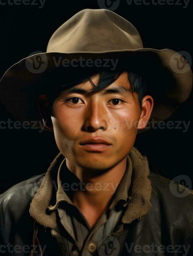 Asian man from the early 1900s colored old photo AI Generative