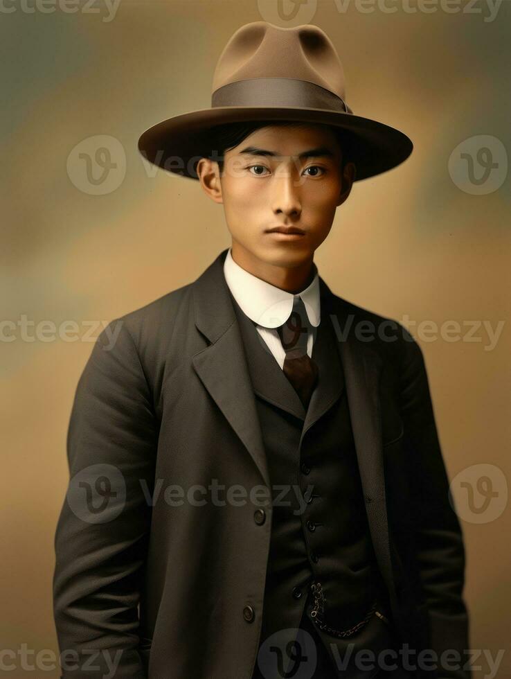 Asian man from the early 1900s colored old photo AI Generative