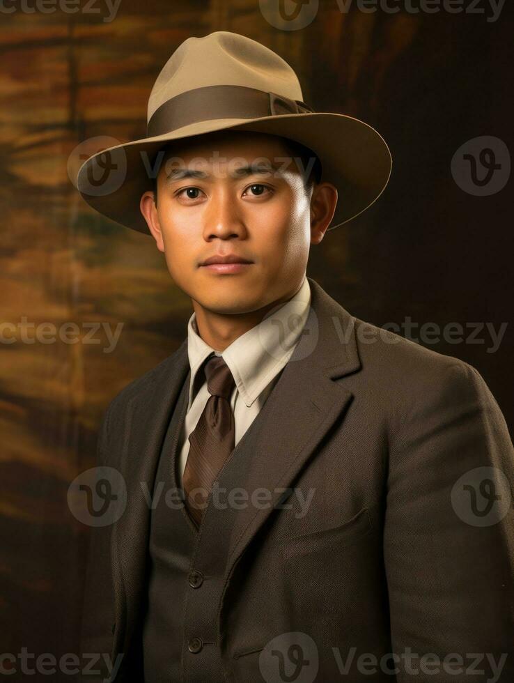 Asian man from the early 1900s colored old photo AI Generative