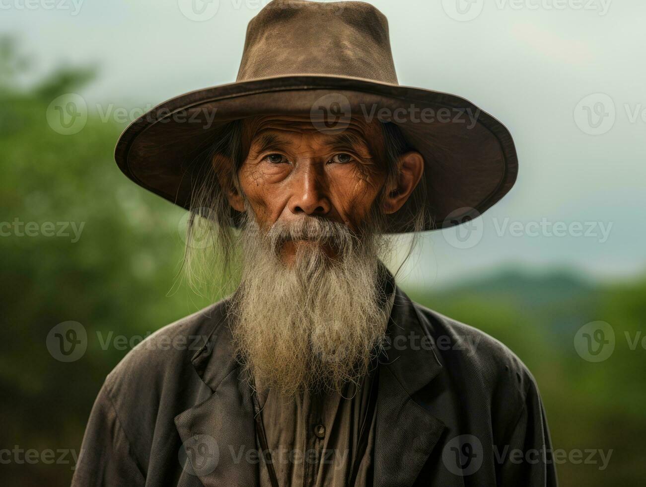 Asian man from the early 1900s colored old photo AI Generative