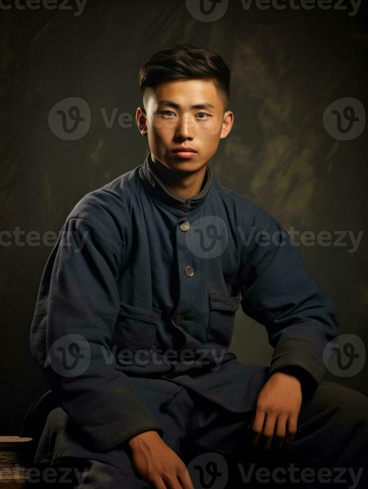Asian man from the early 1900s colored old photo AI Generative