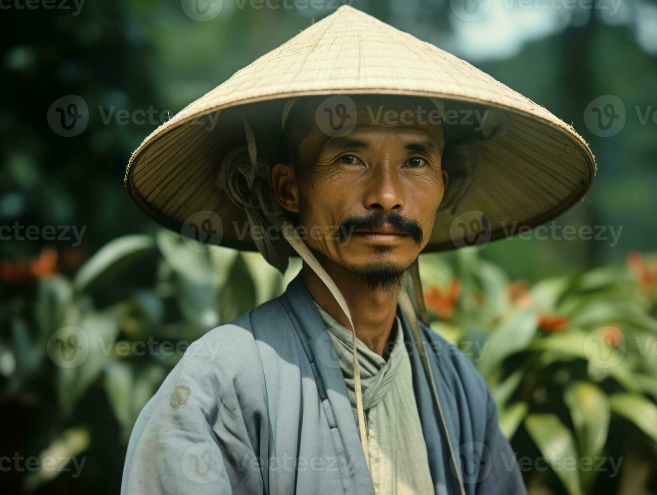 Asian man from the early 1900s colored old photo AI Generative