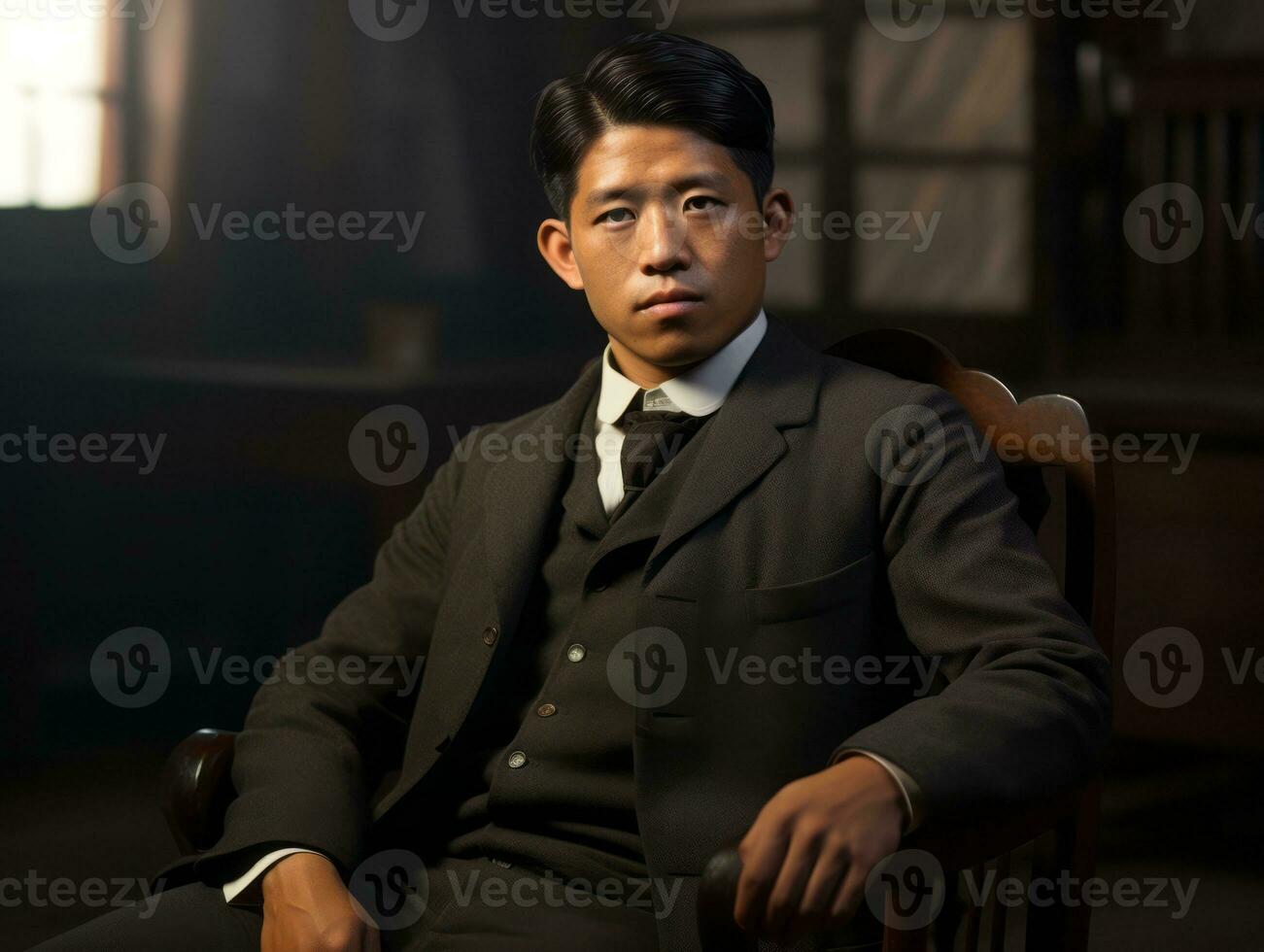 Asian man from the early 1900s colored old photo AI Generative