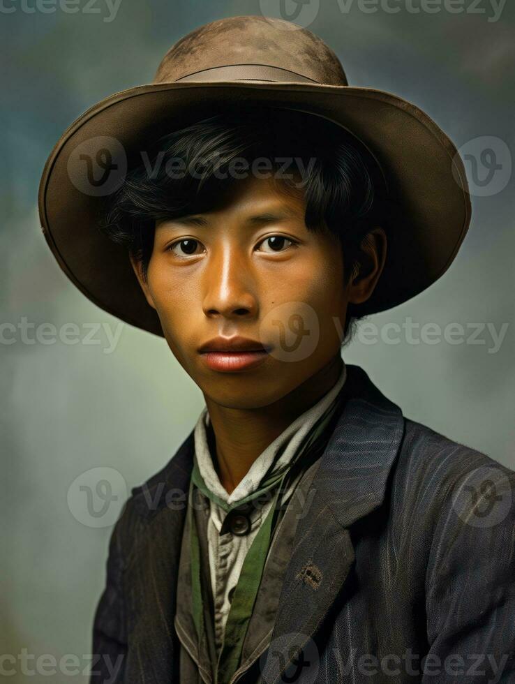 Asian man from the early 1900s colored old photo AI Generative