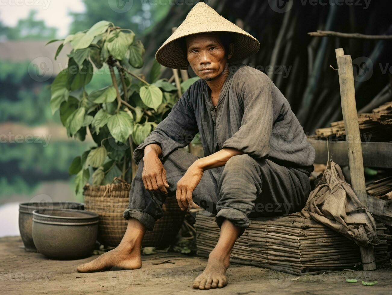 asiático hombre desde el temprano 1900 de colores antiguo foto ai generativo