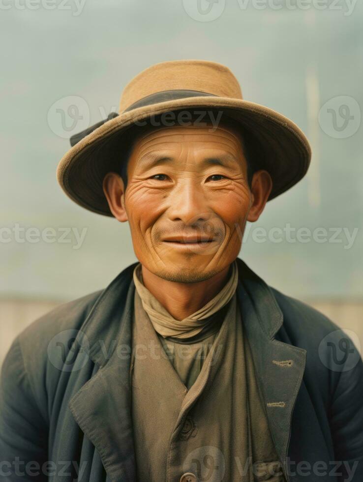 asiático hombre desde el temprano 1900 de colores antiguo foto ai generativo