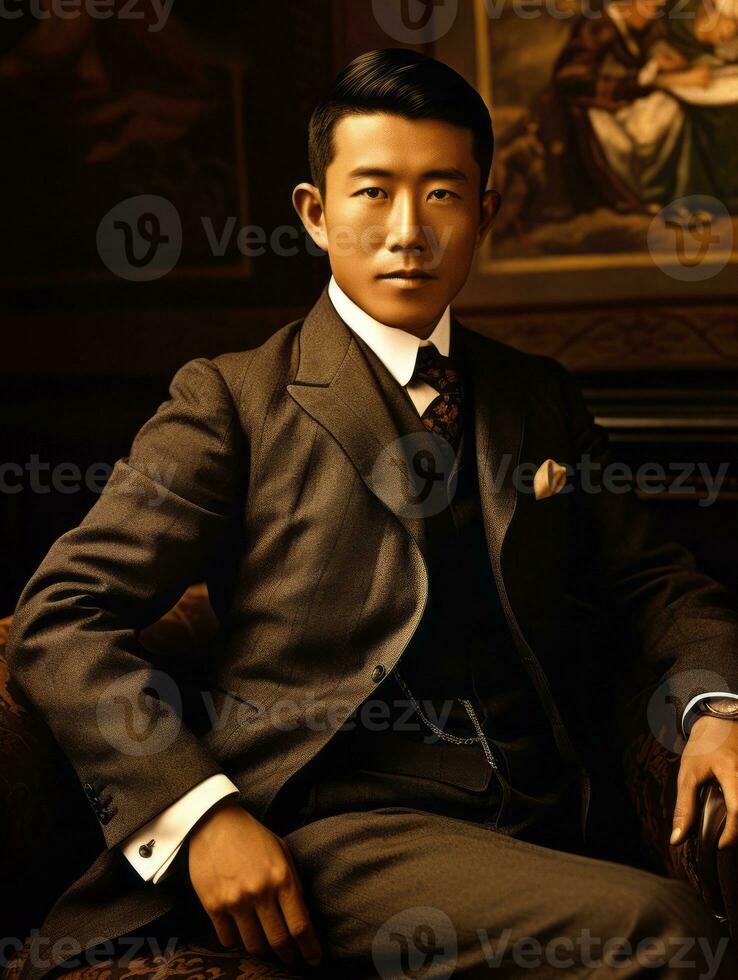 Asian man from the early 1900s colored old photo AI Generative