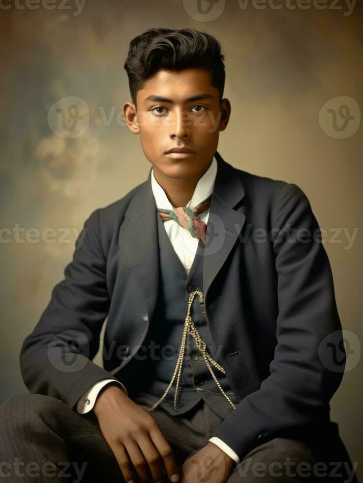 asiático hombre desde el temprano 1900 de colores antiguo foto ai generativo