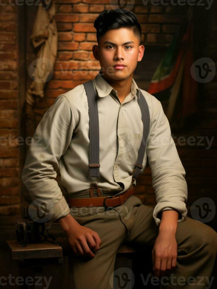 Asian man from the early 1900s colored old photo AI Generative