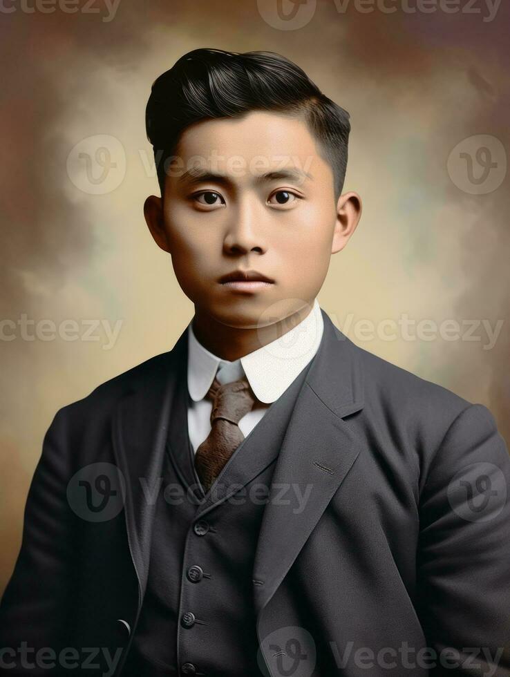 Asian man from the early 1900s colored old photo AI Generative