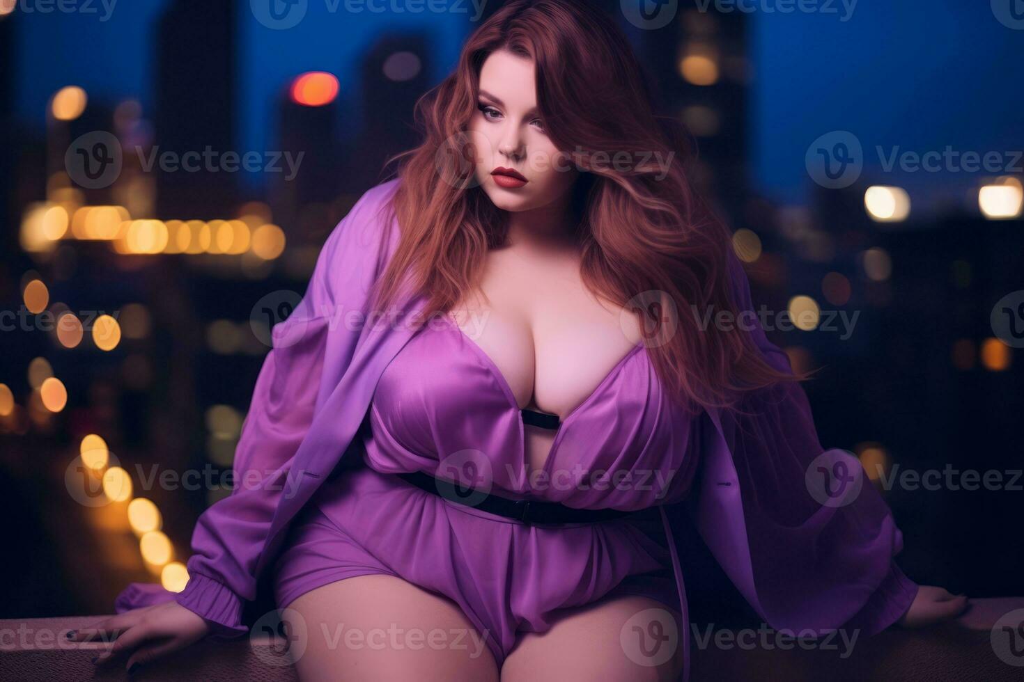 Plus size modern woman rocking modern against the vibrant neon streets AI Generative photo