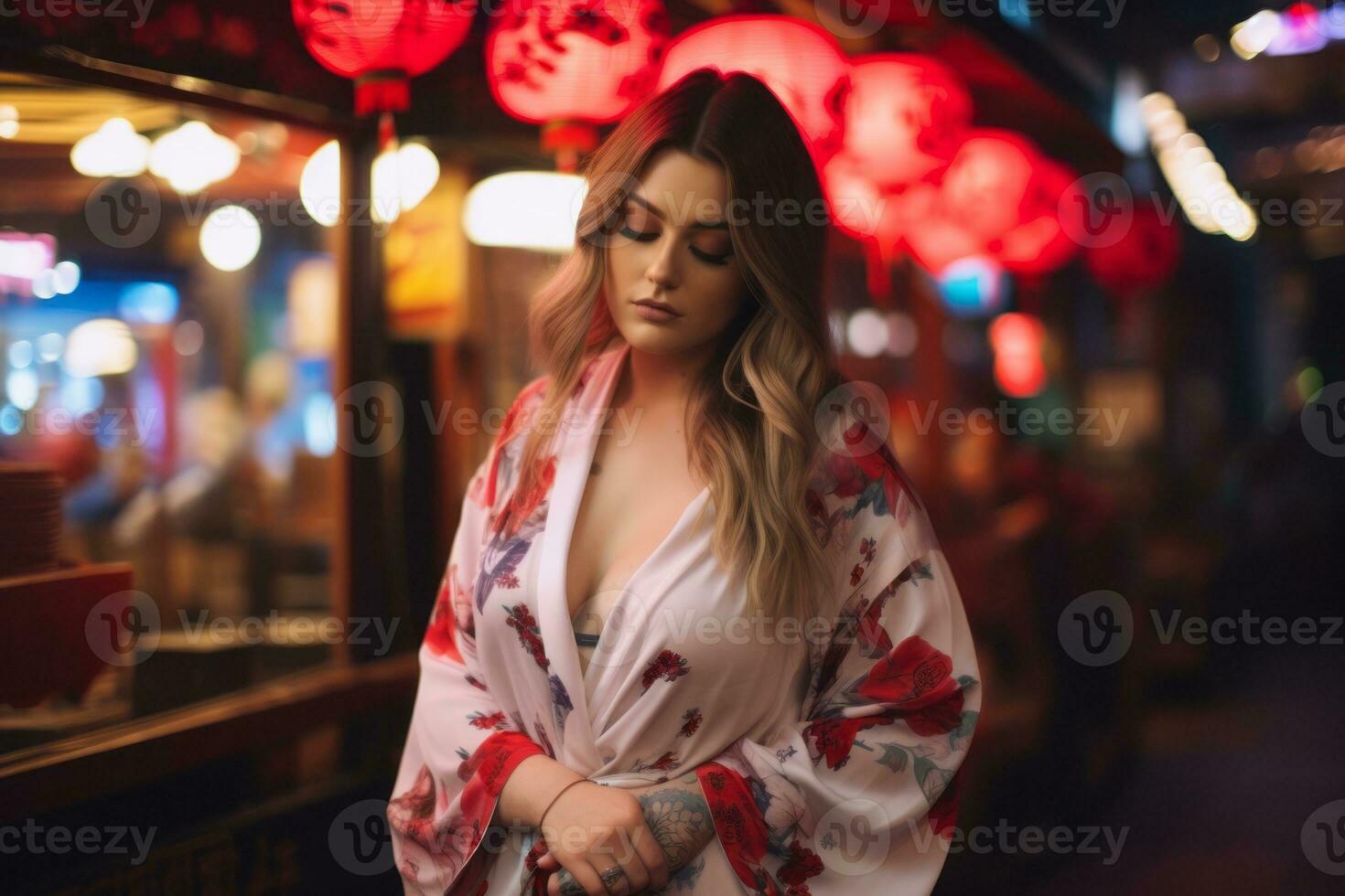 Plus size modern woman rocking modern against the vibrant neon streets AI Generative photo