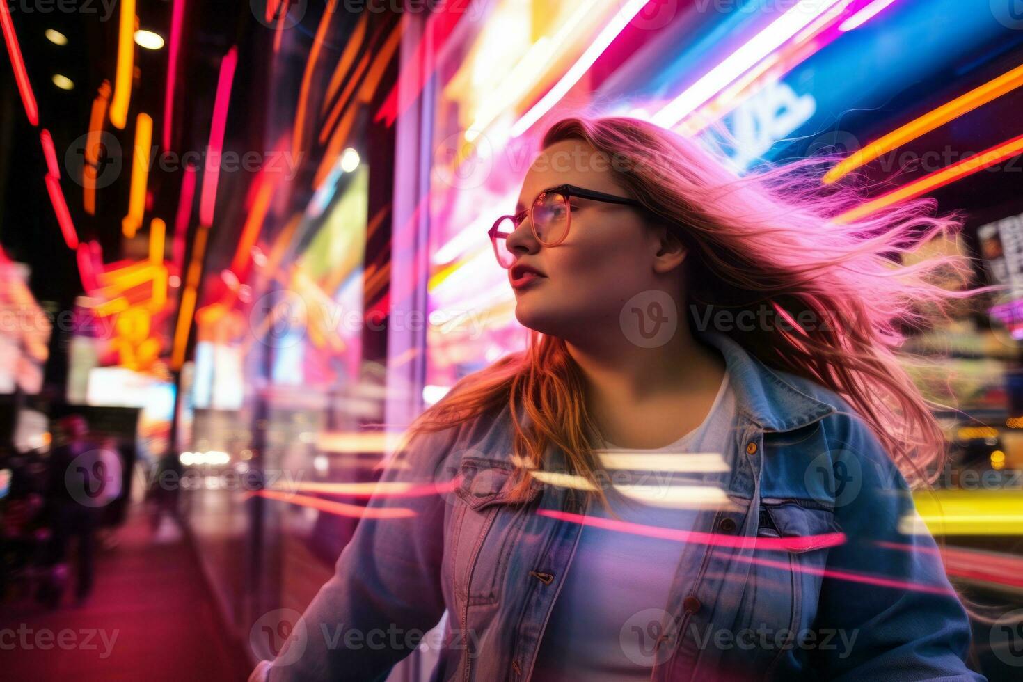 Plus size modern woman rocking modern against the vibrant neon streets AI Generative photo