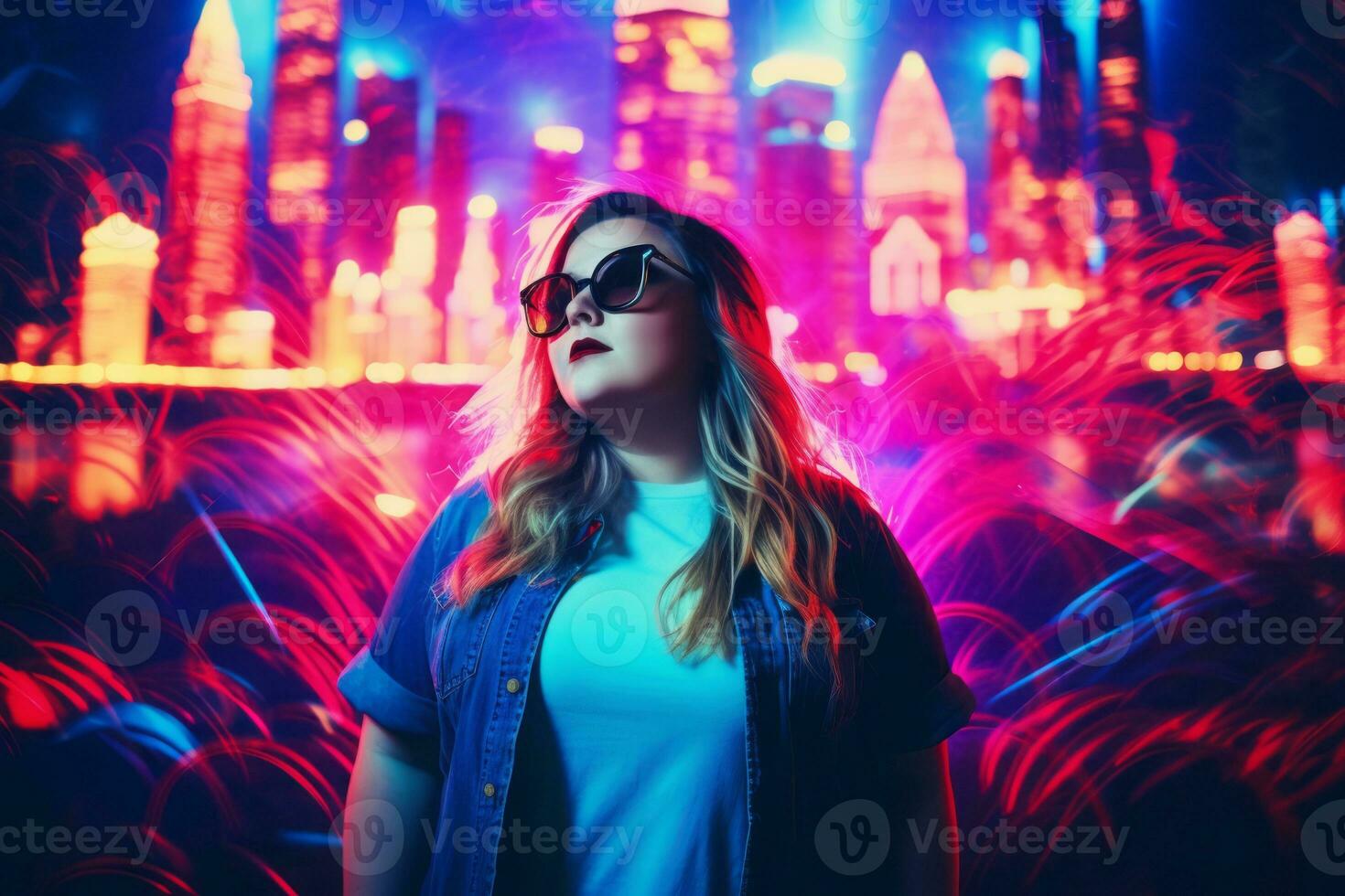 Plus size modern woman rocking modern against the vibrant neon streets AI Generative photo