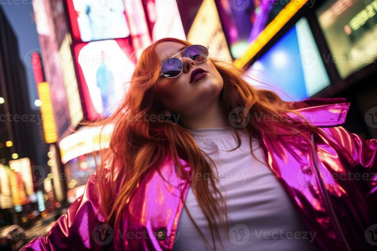 Plus size modern woman rocking modern against the vibrant neon streets AI Generative photo