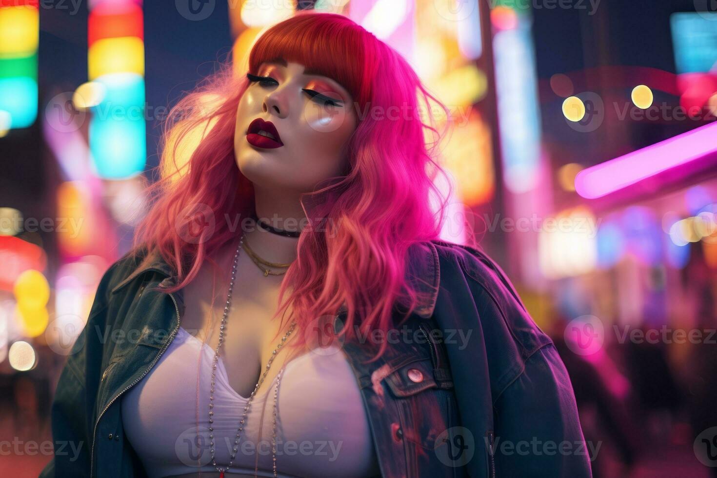 Plus size modern woman rocking modern against the vibrant neon streets AI Generative photo