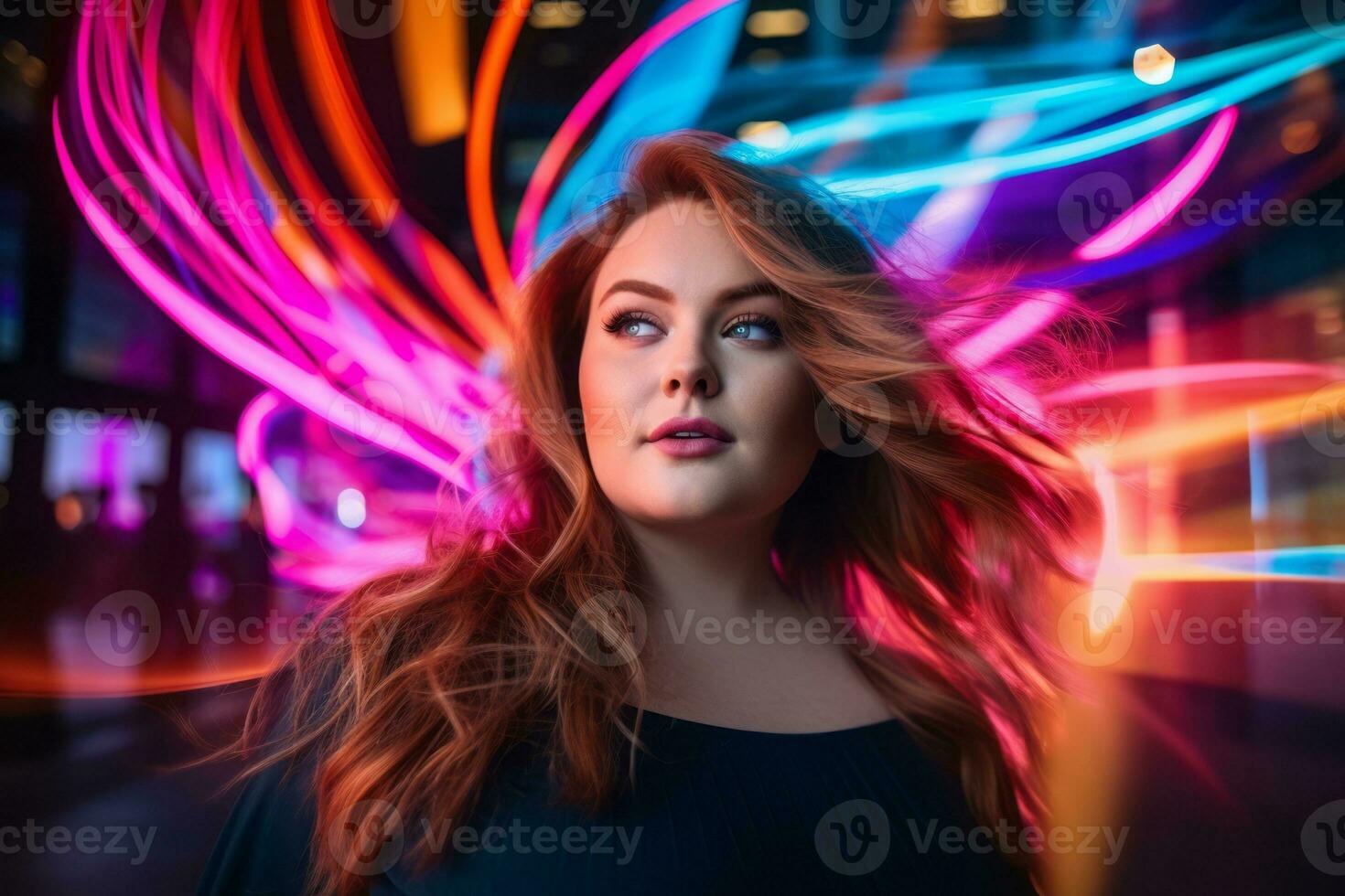Plus size modern woman rocking modern against the vibrant neon streets AI Generative photo