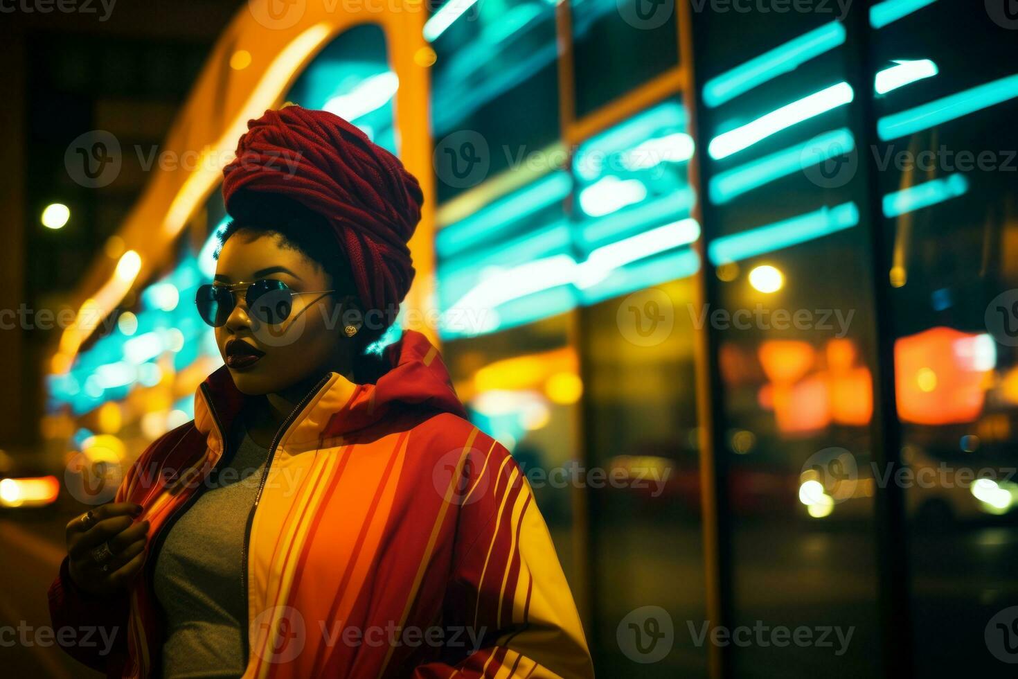 Plus size modern woman rocking modern against the vibrant neon streets AI Generative photo