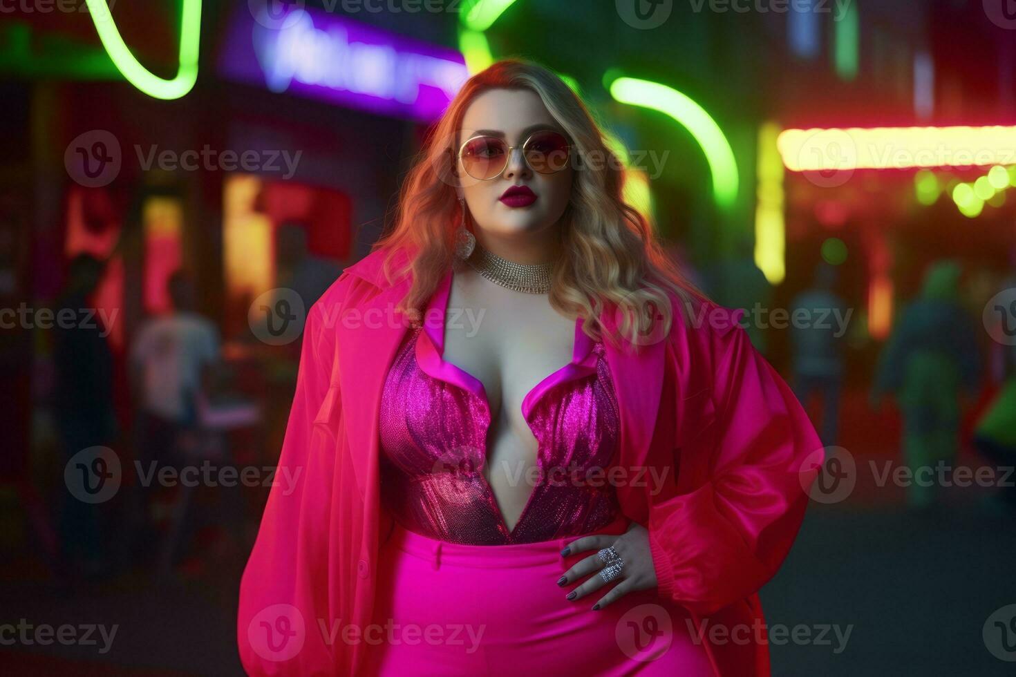 Plus size modern woman rocking modern against the vibrant neon streets AI Generative photo
