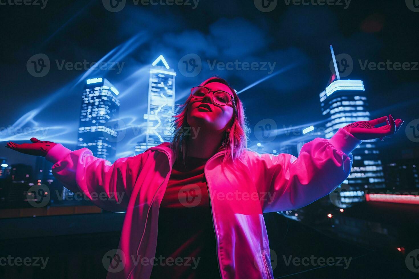 Plus size modern woman rocking modern against the vibrant neon streets AI Generative photo