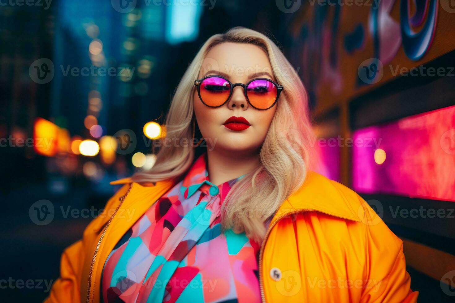 Plus size modern woman rocking modern against the vibrant neon streets AI Generative photo