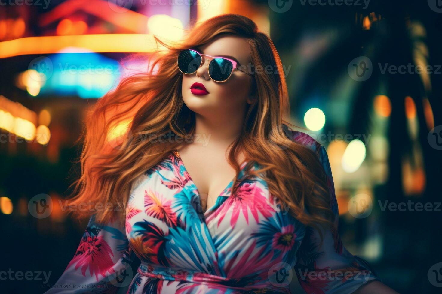 Plus size modern woman rocking modern against the vibrant neon streets AI Generative photo