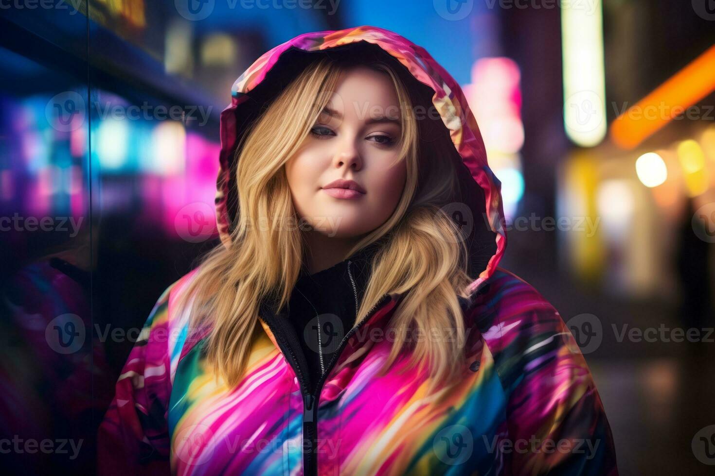 Plus size modern woman rocking modern against the vibrant neon streets AI Generative photo