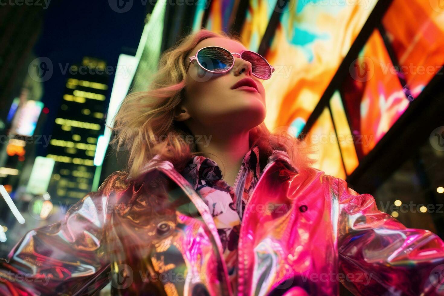 Plus size modern woman rocking modern against the vibrant neon streets AI Generative photo