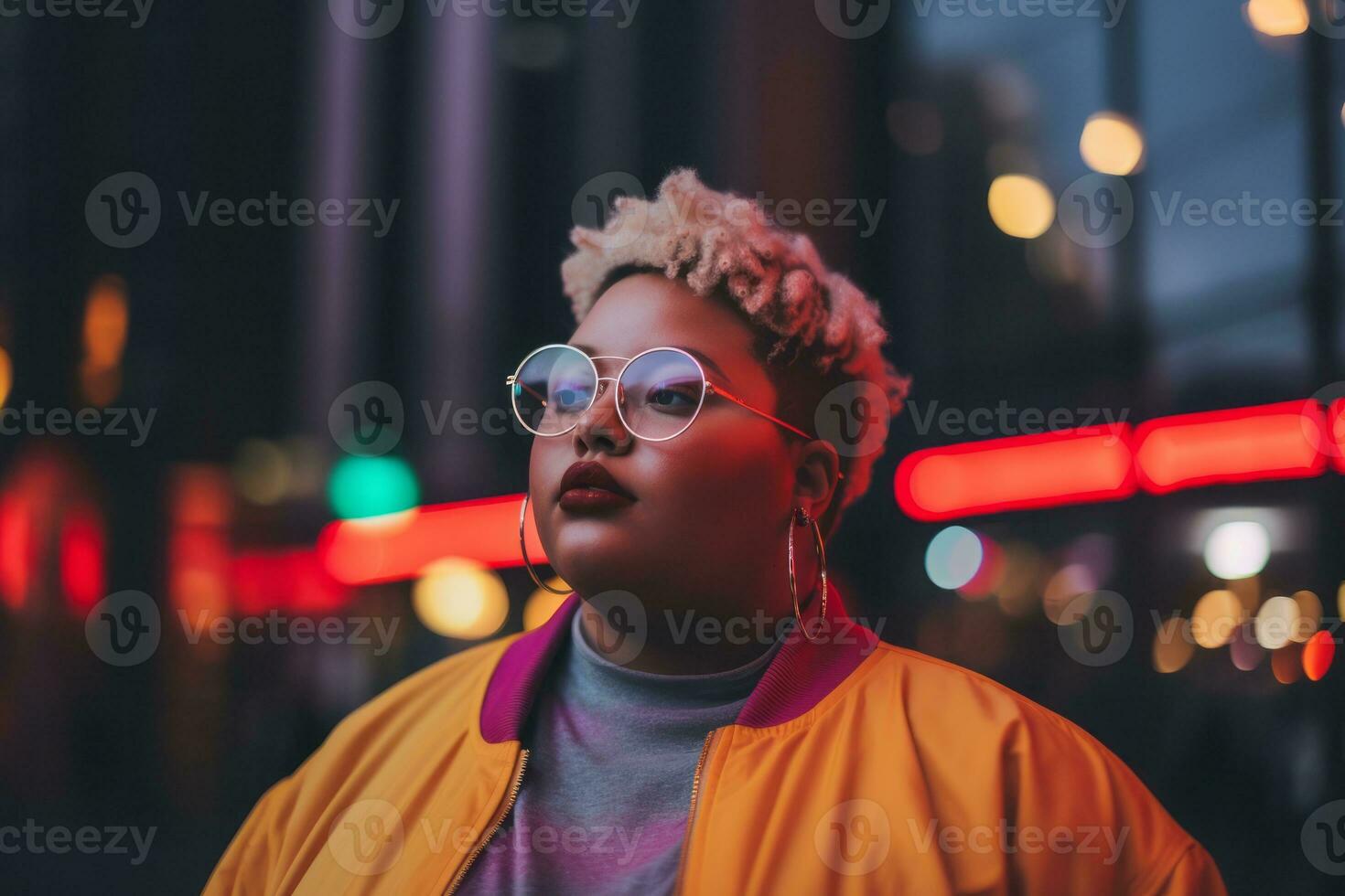 Plus size modern woman rocking modern against the vibrant neon streets AI Generative photo
