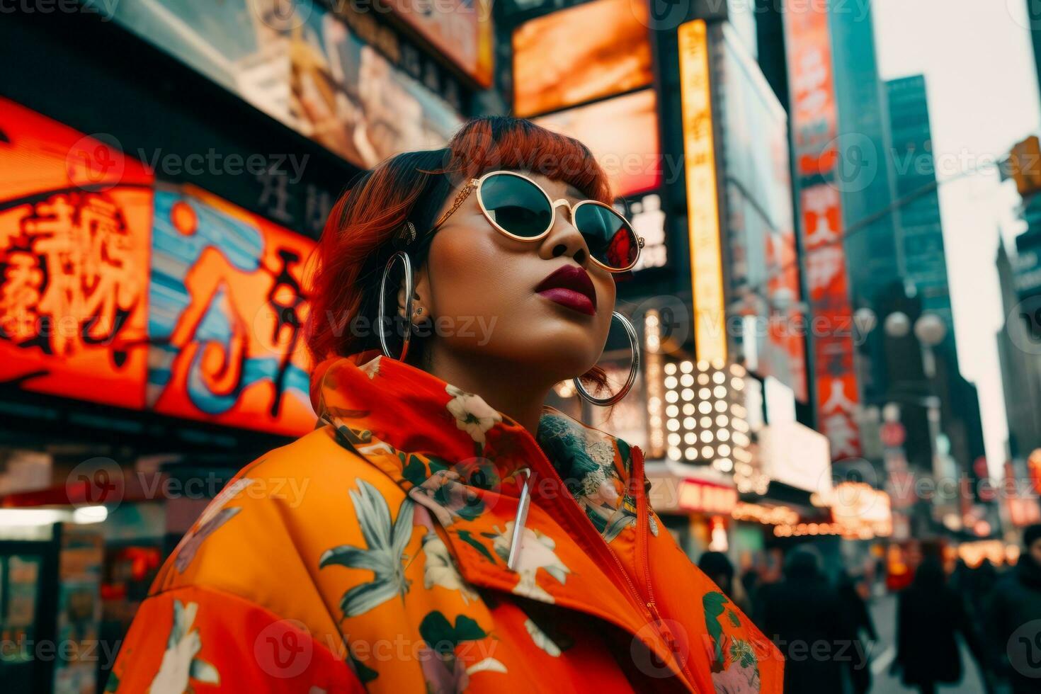 Plus size modern woman rocking modern against the vibrant neon streets AI Generative photo
