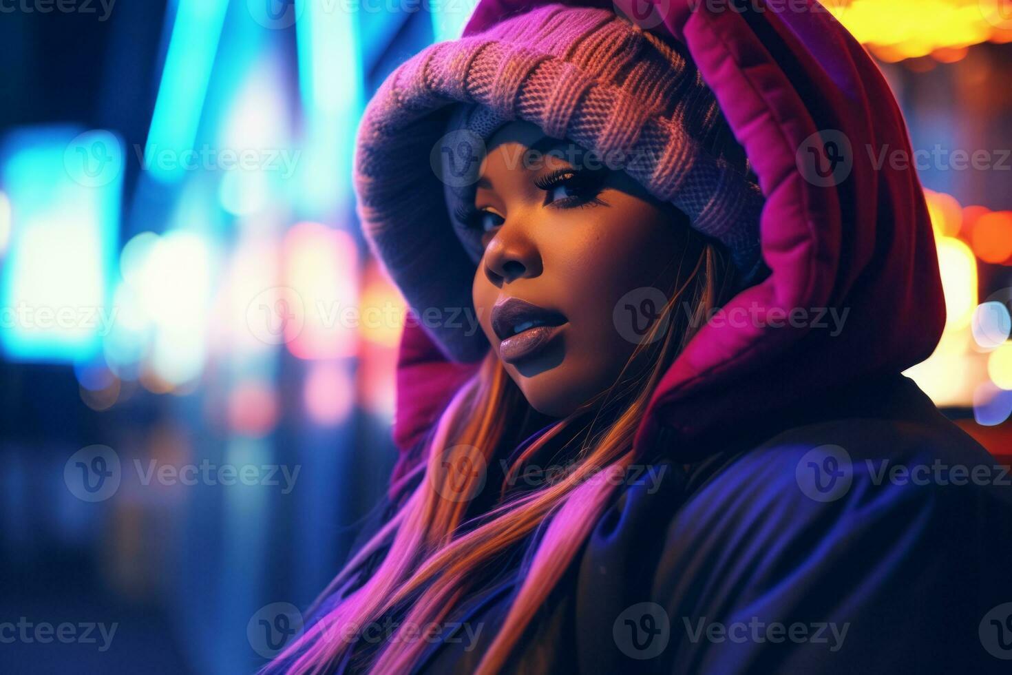 Plus size modern woman rocking modern against the vibrant neon streets AI Generative photo