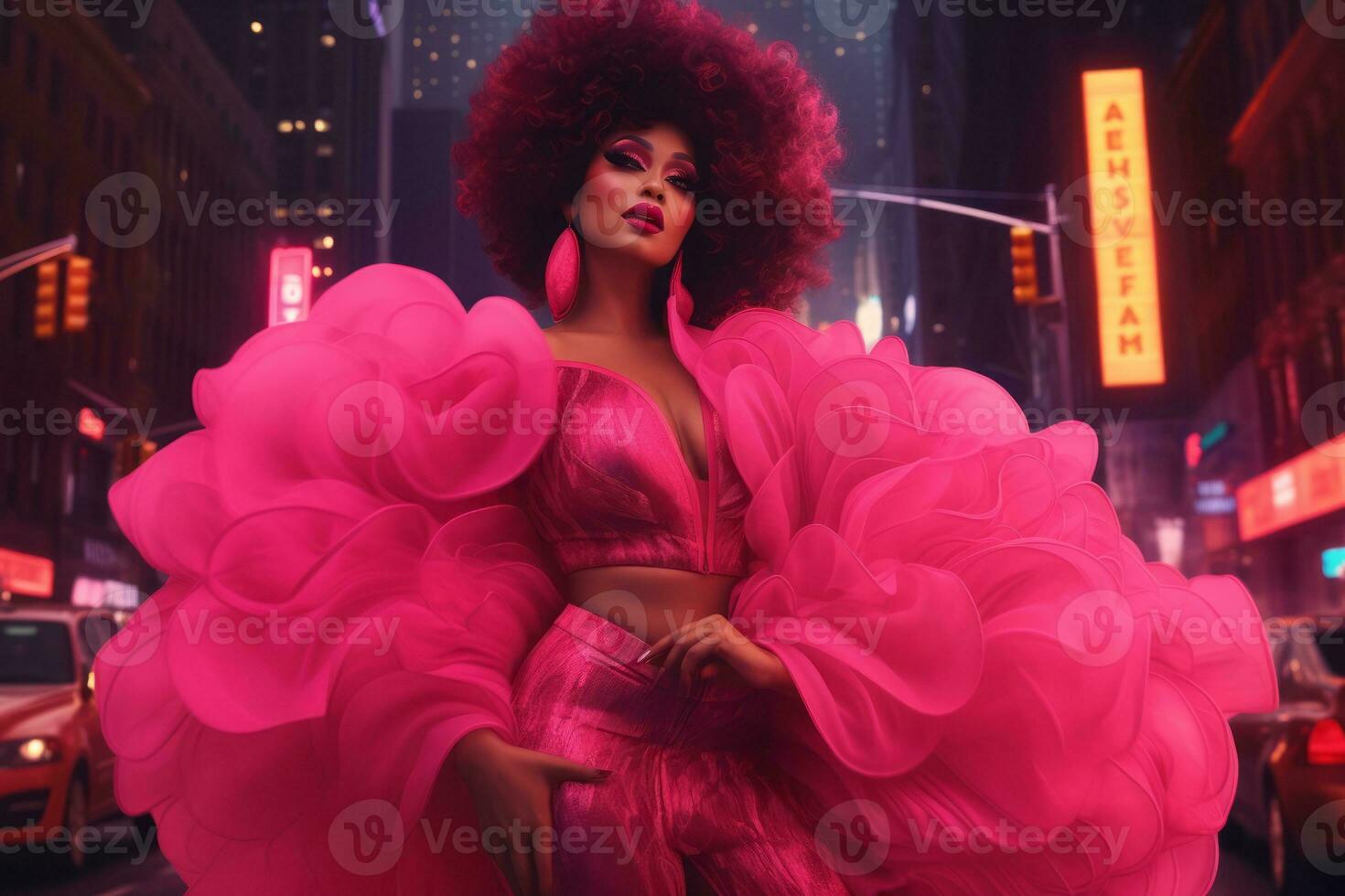 Plus size modern woman rocking modern against the vibrant neon streets AI Generative photo
