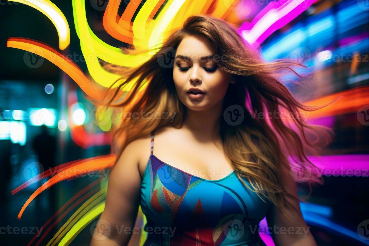 Plus size modern woman rocking modern against the vibrant neon streets AI Generative photo