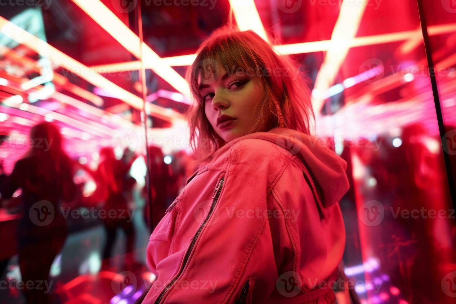 Plus size modern woman rocking modern against the vibrant neon streets AI Generative photo