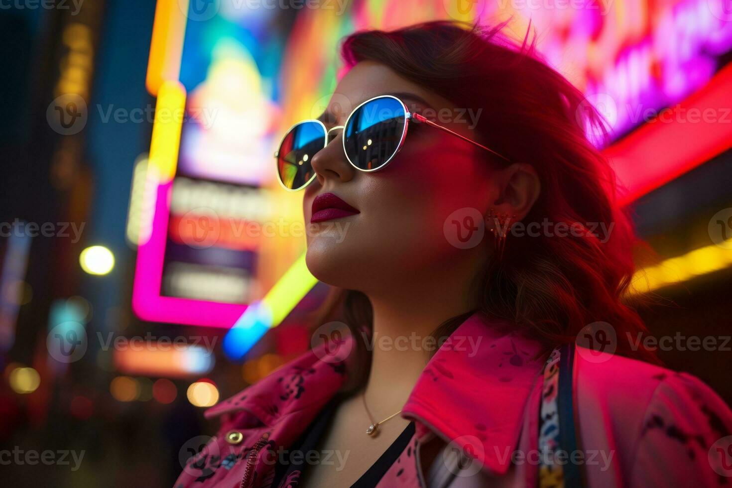 Plus size modern woman rocking modern against the vibrant neon streets AI Generative photo