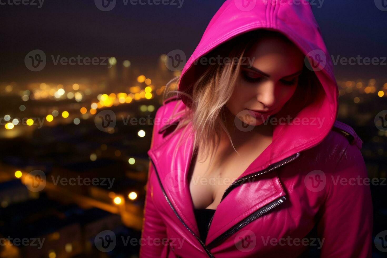 Plus size modern woman rocking modern against the vibrant neon streets AI Generative photo