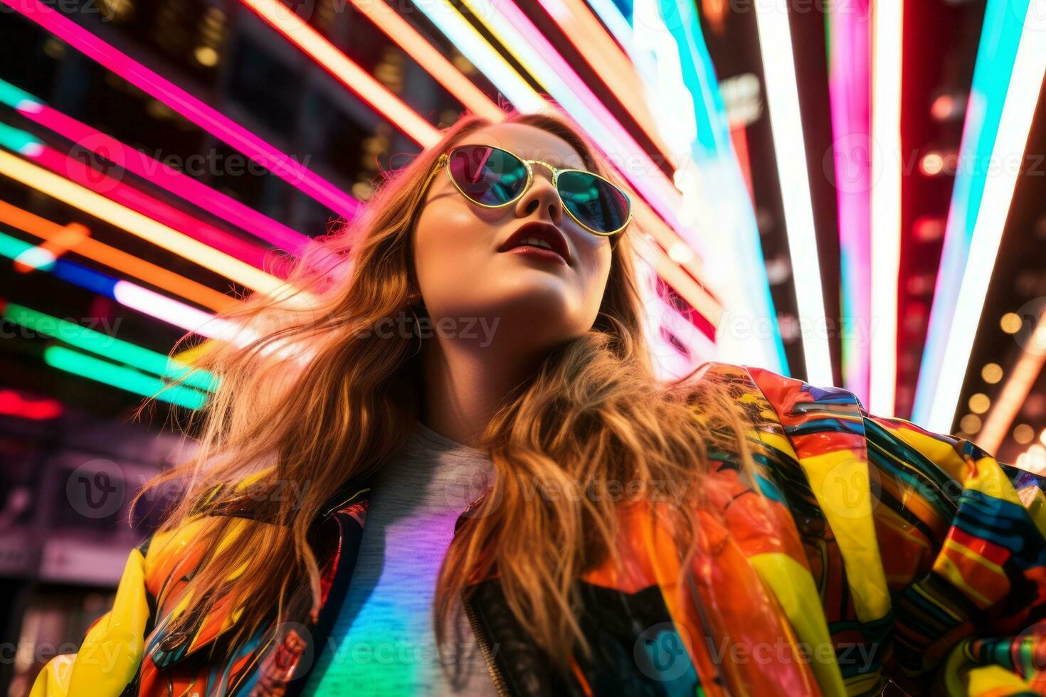 Plus size modern woman rocking modern against the vibrant neon streets AI Generative photo