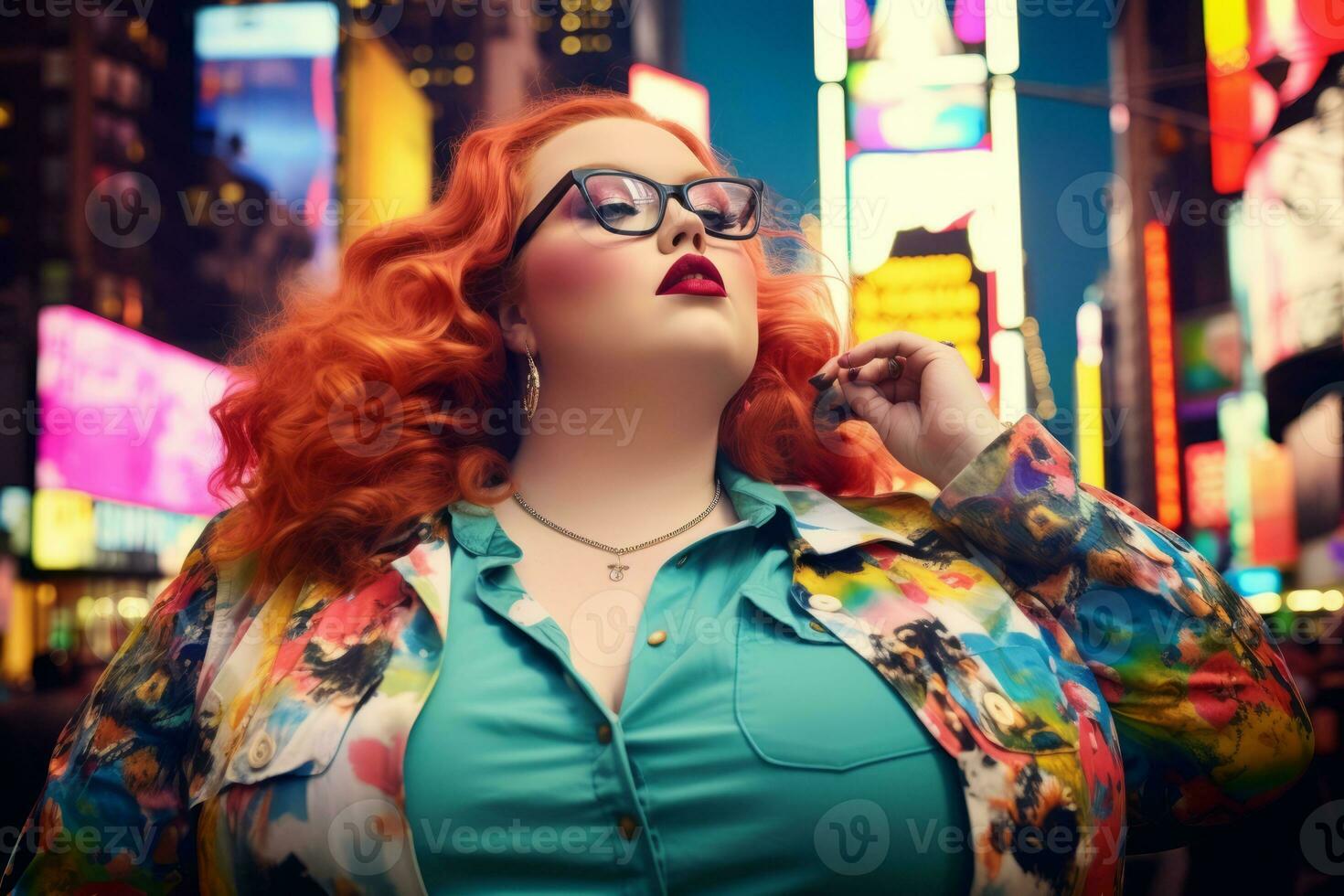 Plus size modern woman rocking modern against the vibrant neon streets AI Generative photo