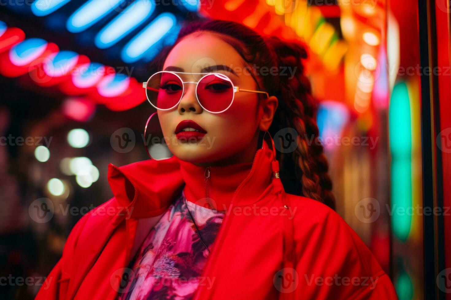 Plus size modern woman rocking modern against the vibrant neon streets AI Generative photo