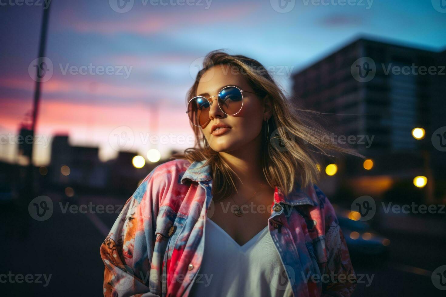 Plus size modern woman rocking modern against the vibrant neon streets AI Generative photo