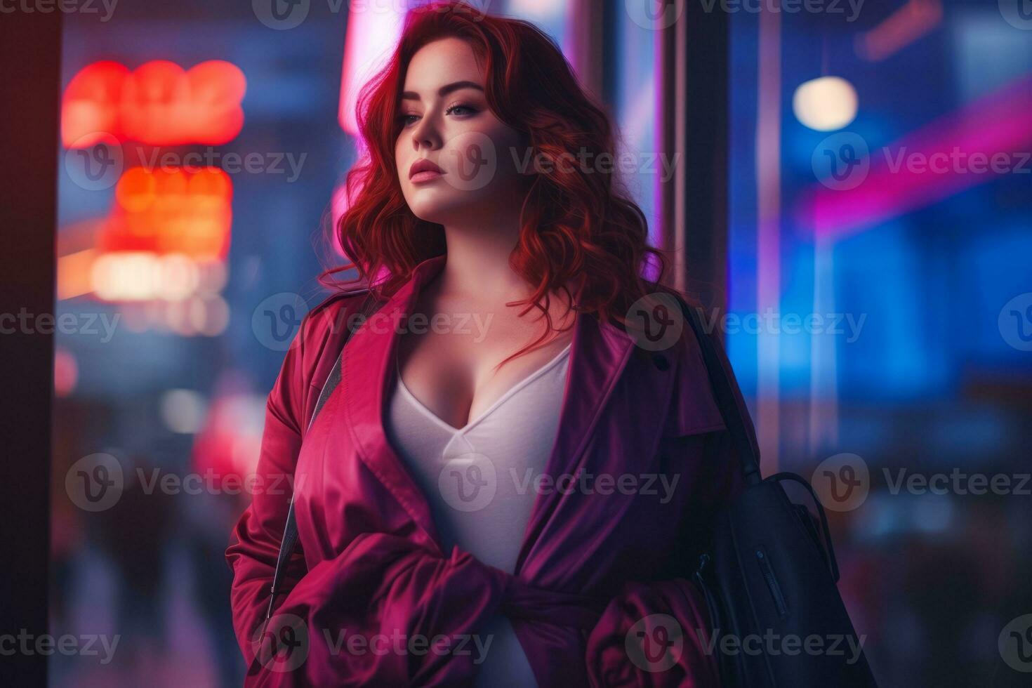 Plus size modern woman rocking modern against the vibrant neon streets AI Generative photo