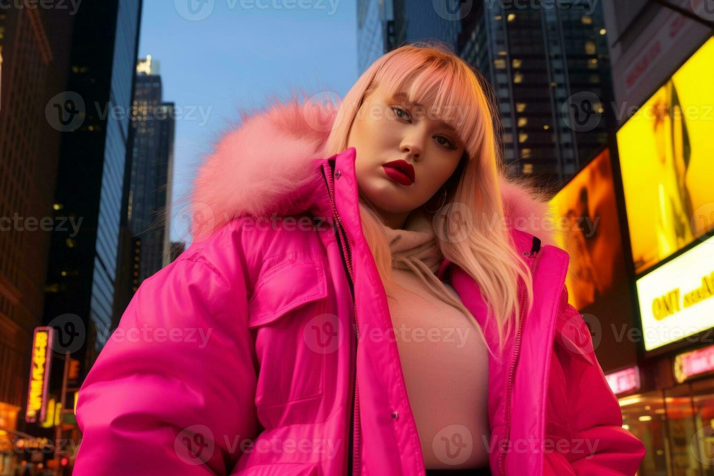 Plus size modern woman rocking modern against the vibrant neon streets AI Generative photo