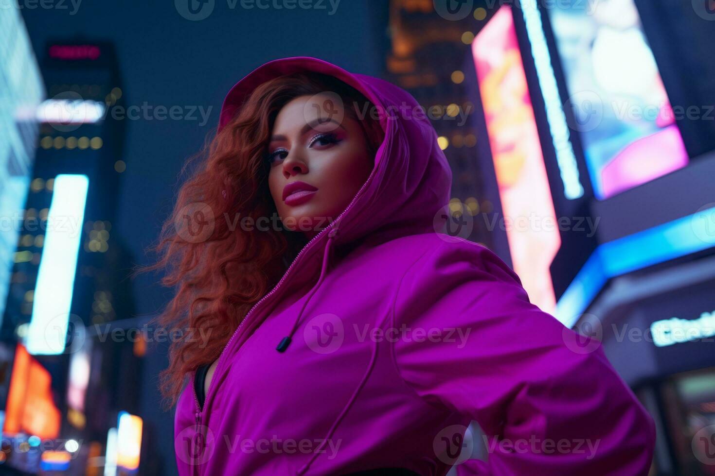 Plus size modern woman rocking modern against the vibrant neon streets AI Generative photo