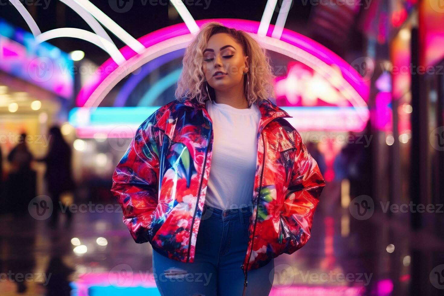Plus size modern woman rocking modern against the vibrant neon streets AI Generative photo