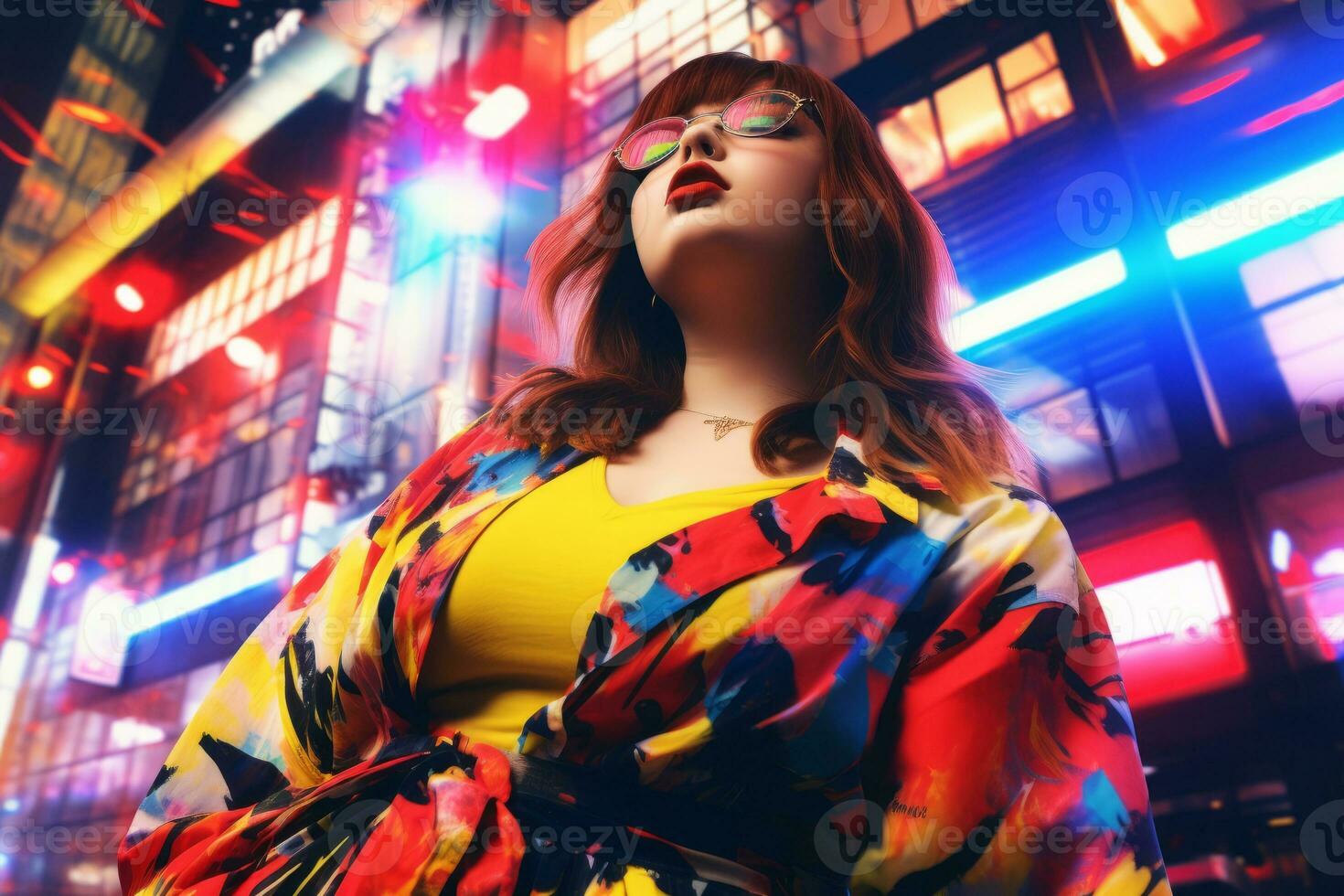 Plus size modern woman rocking modern against the vibrant neon streets AI Generative photo