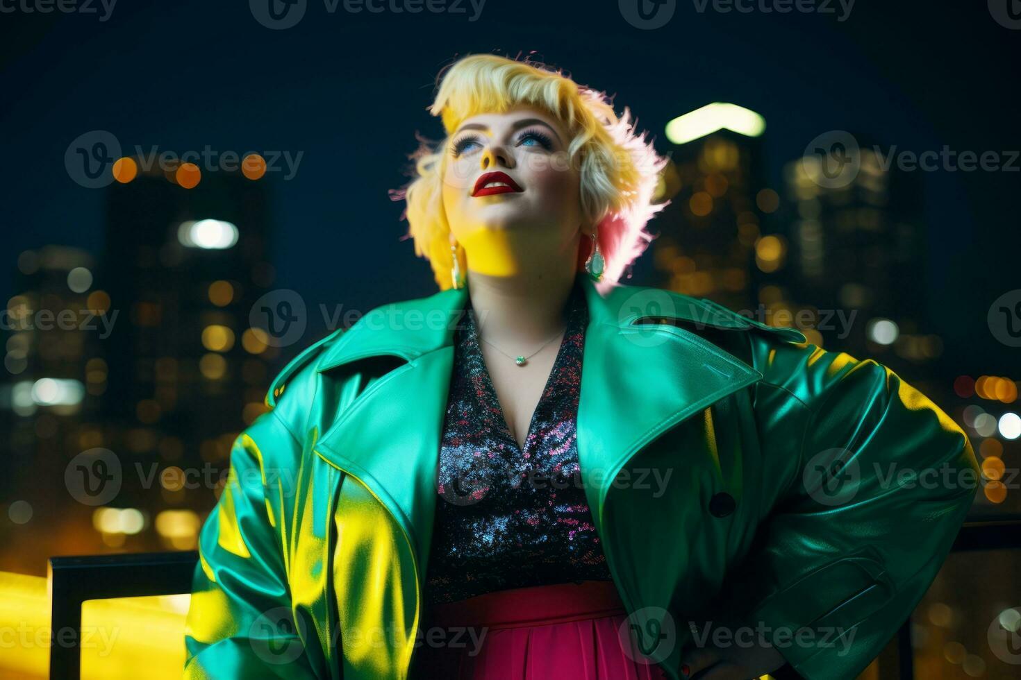 Plus size modern woman rocking modern against the vibrant neon streets AI Generative photo